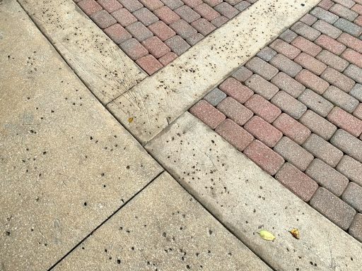 Gepflasterter Bürgersteig mit roten und grauen Steinen, kombiniert mit einem Betonrand.